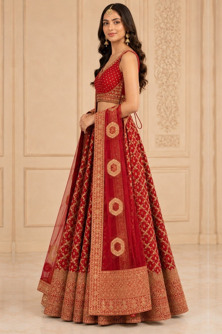 Maroon Printed Silk Lehenga with Blouse – side view