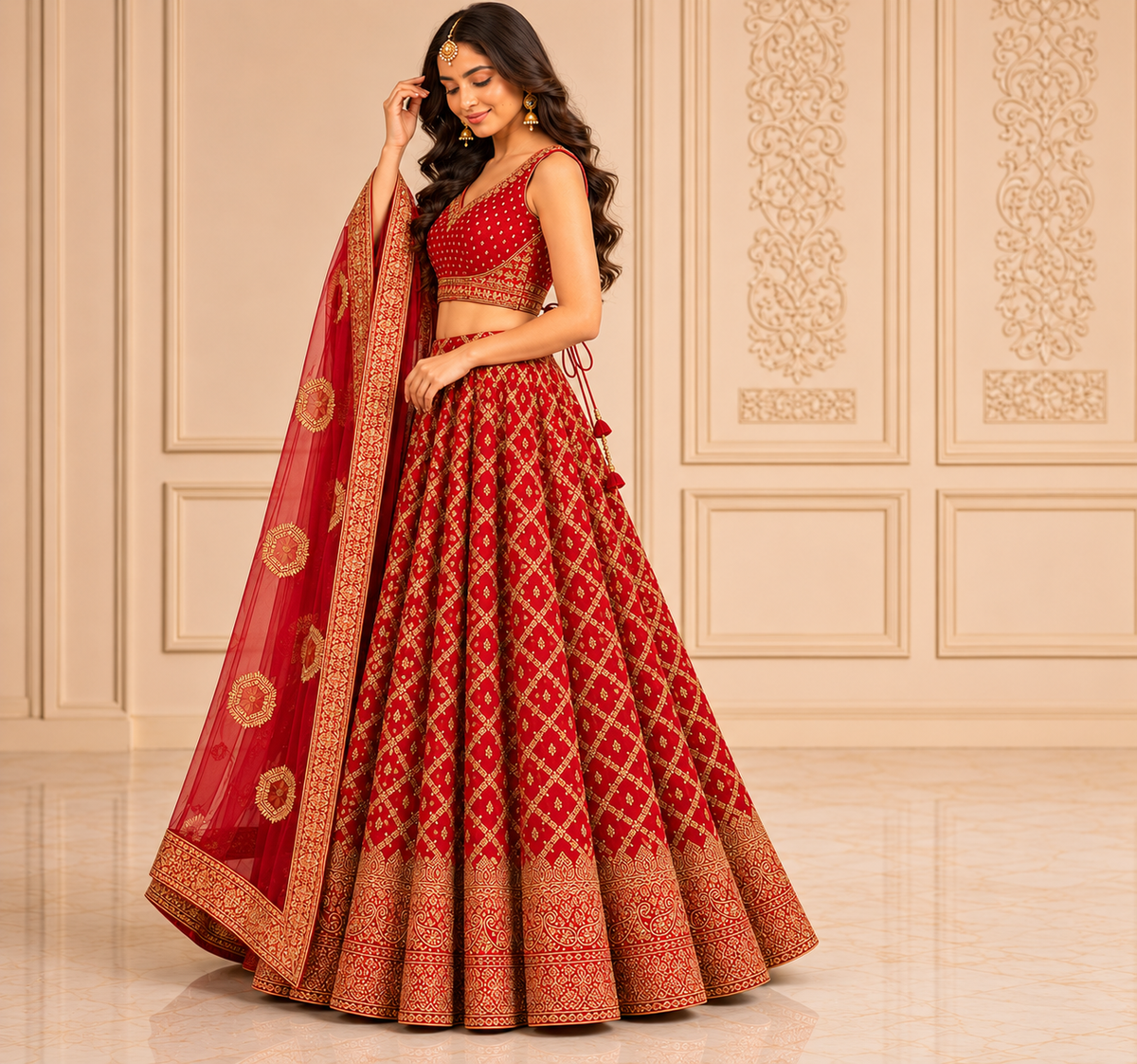 Maroon Printed Silk Lehenga with Blouse – view 3