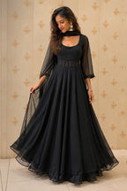 Black Georgette Anarkali with Dupatta – front view