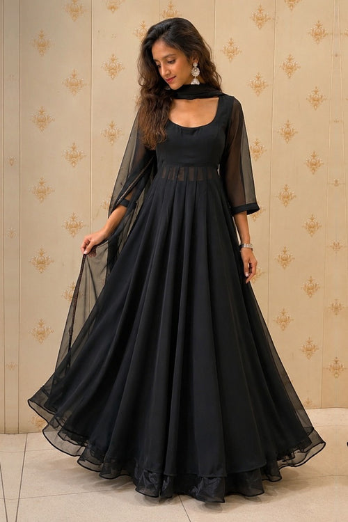 Black Georgette Anarkali with Dupatta – front view