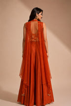 Rust Brocade Peplum Top with Flared Palazzo – back view