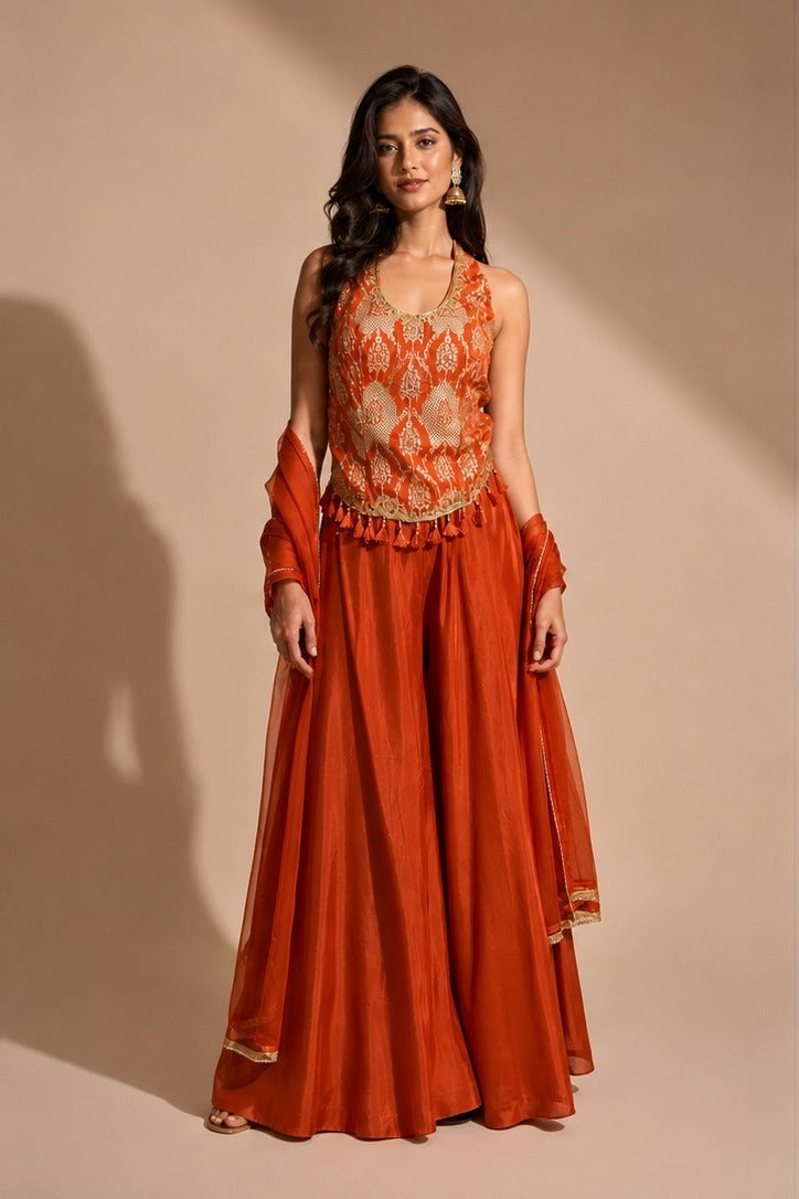 Rust Brocade Peplum Top with Flared Palazzo – front view