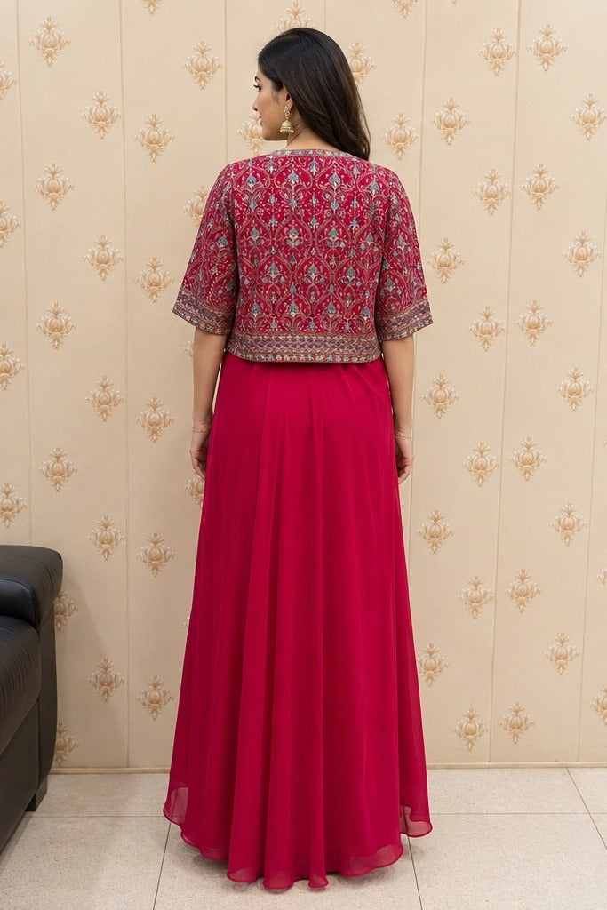 Magenta Pink Embroidered Bustier with Drape Skirt & Shrug – back view