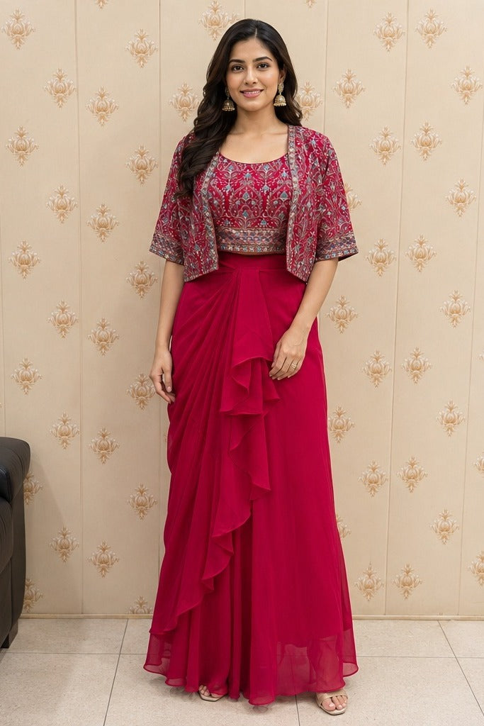 Magenta Pink Embroidered Bustier with Drape Skirt & Shrug – front view