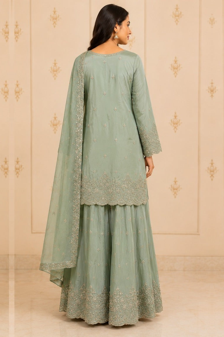 Sea Green Embroidered Short Kurti with Skirt & Dupatta – back view