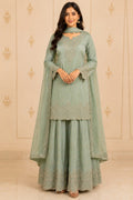 Sea Green Embroidered Short Kurti with Skirt & Dupatta – front view