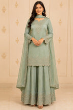 Sea Green Embroidered Short Kurti with Skirt & Dupatta – front view
