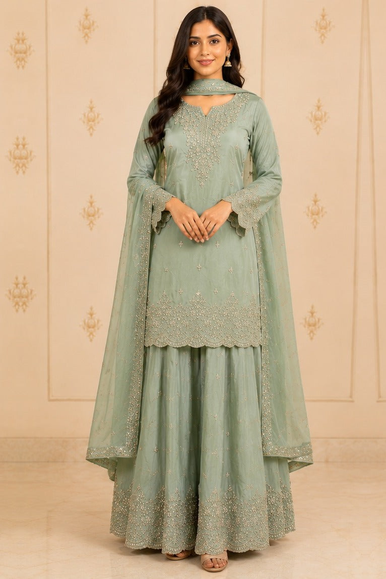 Sea Green Embroidered Short Kurti with Skirt & Dupatta – front view