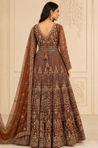 Brown Heavy Embroidered Net Anarkali with Dupatta – back view