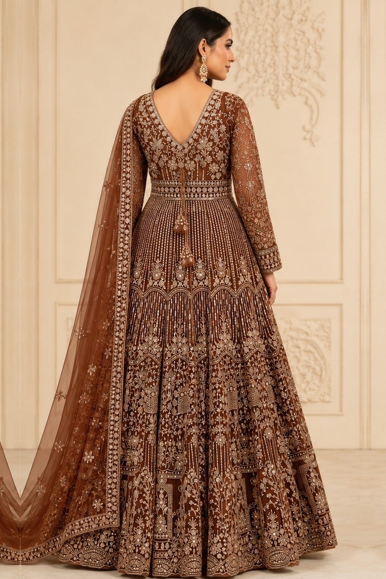 Brown Heavy Embroidered Net Anarkali with Dupatta – back view