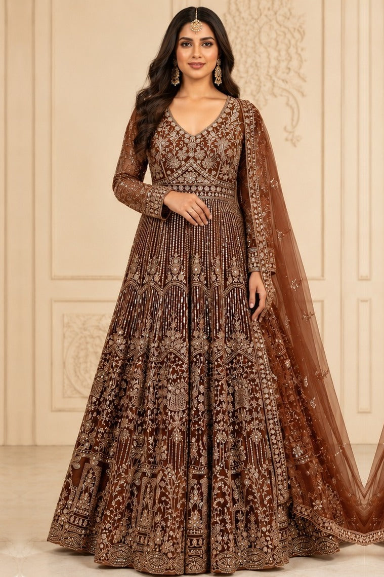 Brown Heavy Embroidered Net Anarkali with Dupatta – front view