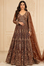Brown Heavy Embroidered Net Anarkali with Dupatta – front view
