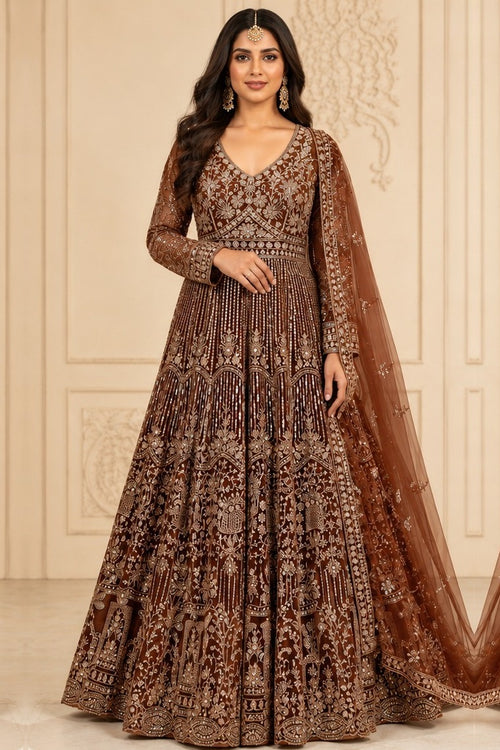 Brown Heavy Embroidered Net Anarkali with Dupatta – front view