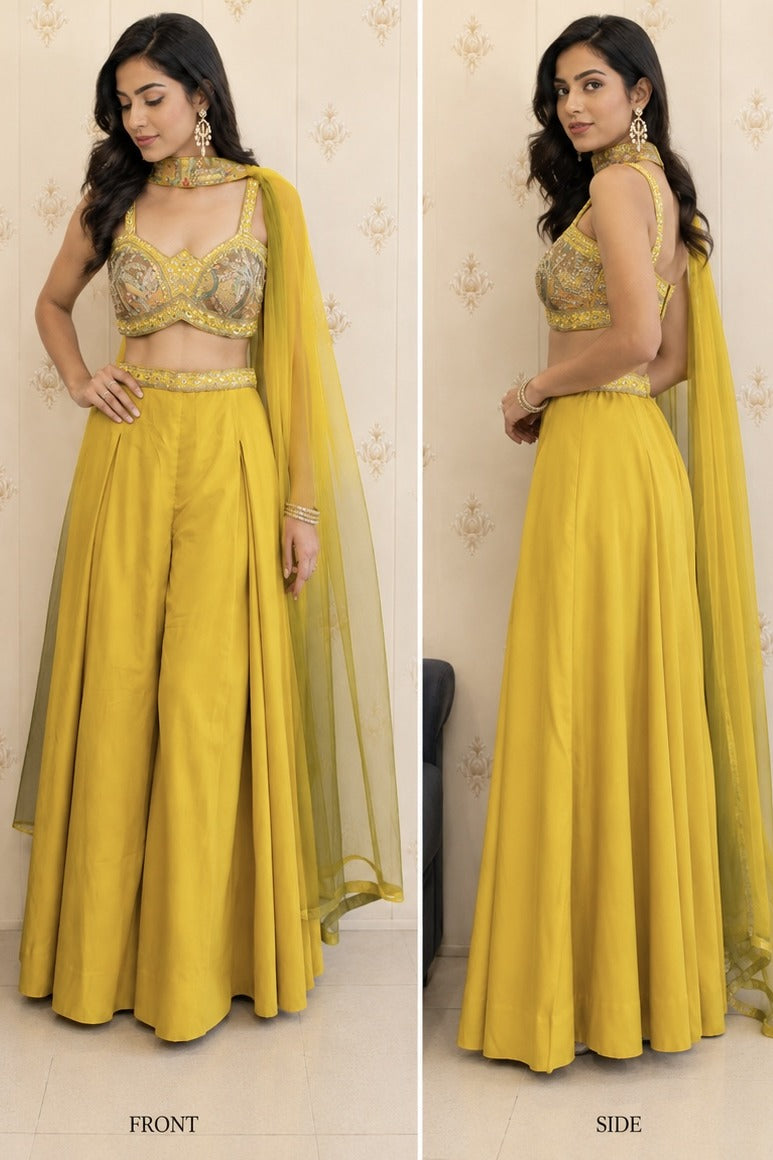 Lime Green Embroidered Crop Top with Pleated Palazzo – front and side view
