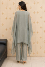 Grey Shimmer Kaftan with Pants & Bustier – back view