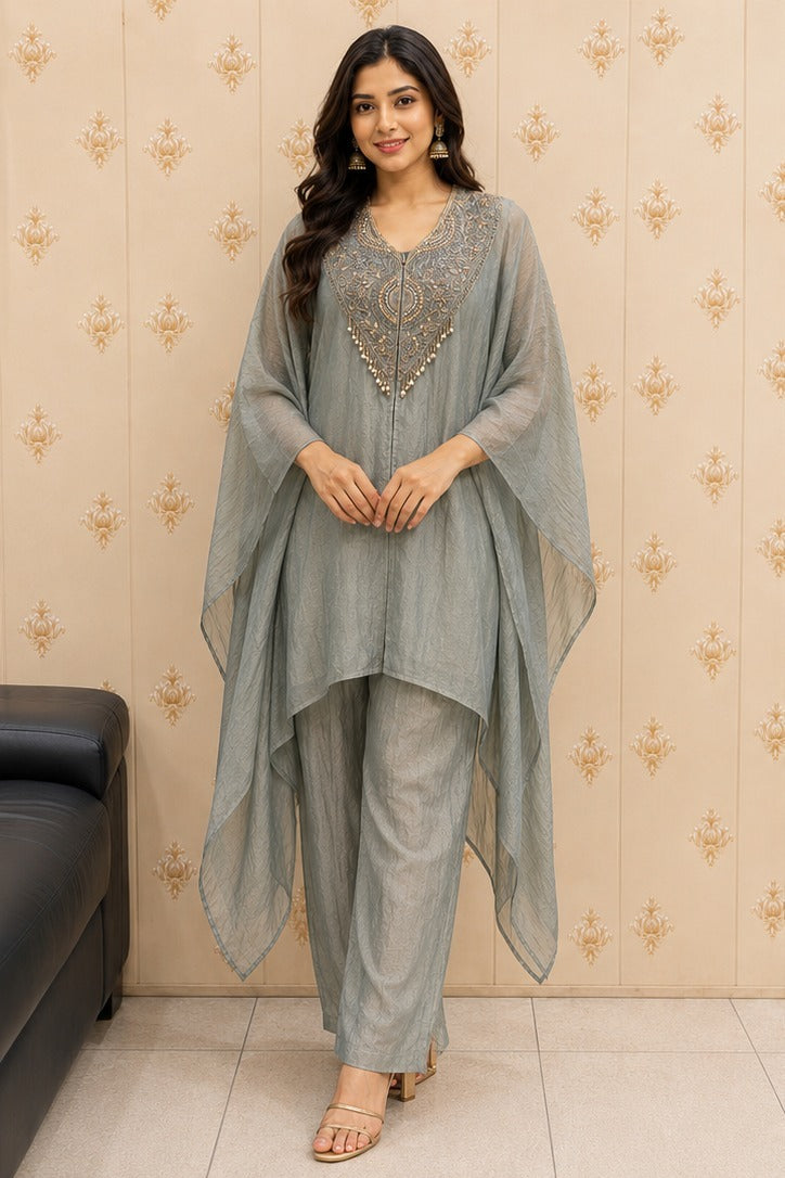 Grey Shimmer Kaftan with Pants & Bustier – front view