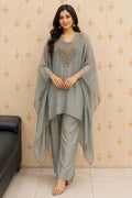 Grey Shimmer Kaftan with Pants & Bustier – front view
