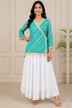 Green & White Printed Angrakha Dress – front view