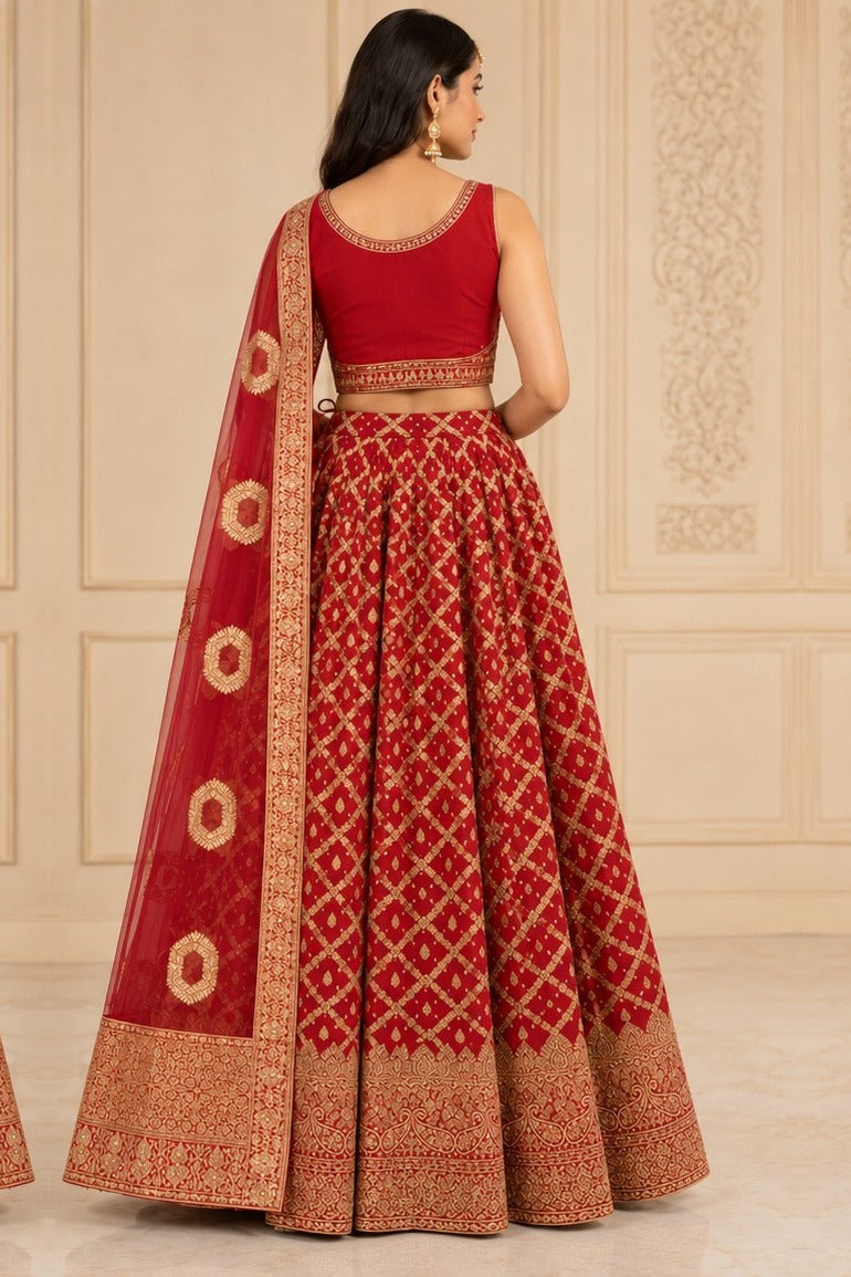 Maroon Printed Silk Lehenga with Blouse – back view