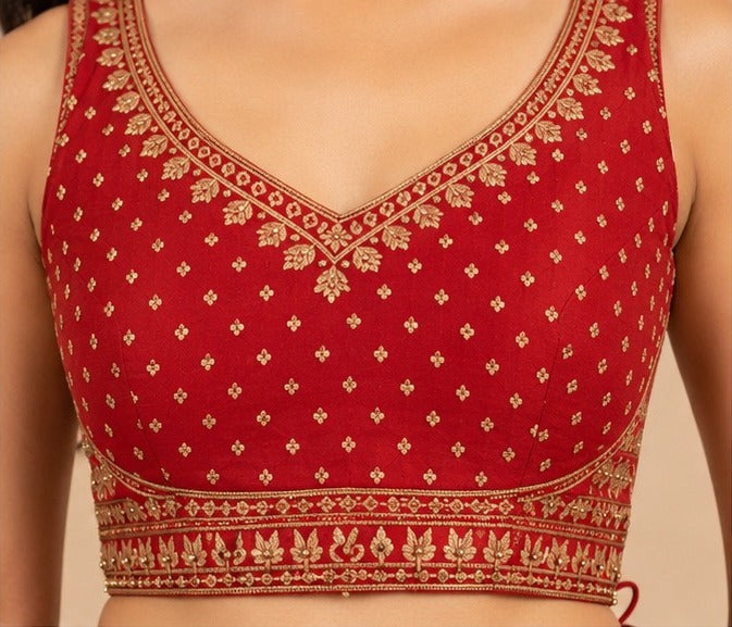 Maroon Printed Silk Lehenga with Blouse – blouse embroidery close-up