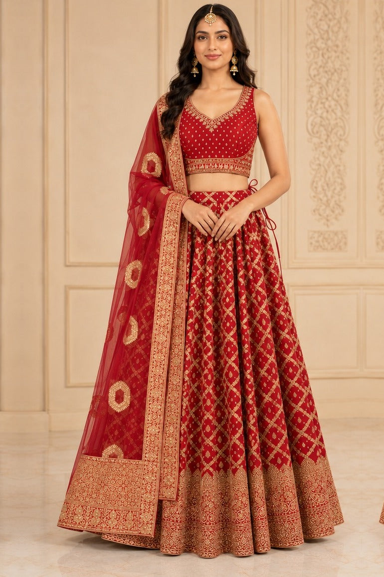 Maroon Printed Silk Lehenga with Blouse – front view