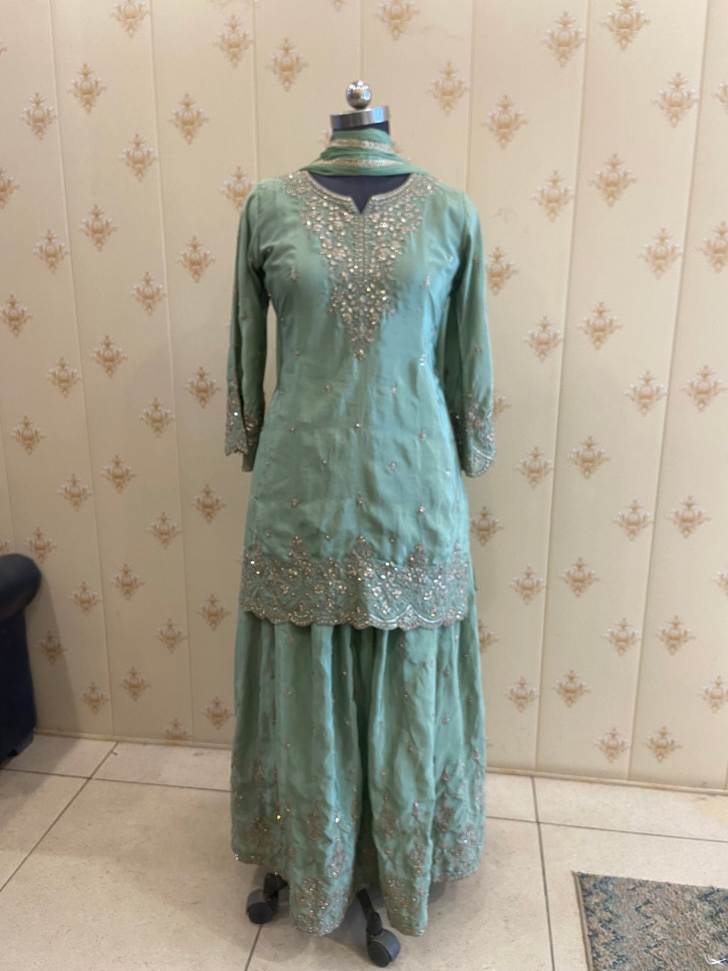 Sea Green Embroidered Short Kurti with Skirt & Dupatta – view 2