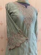 Sea Green Embroidered Short Kurti with Skirt & Dupatta – view 3
