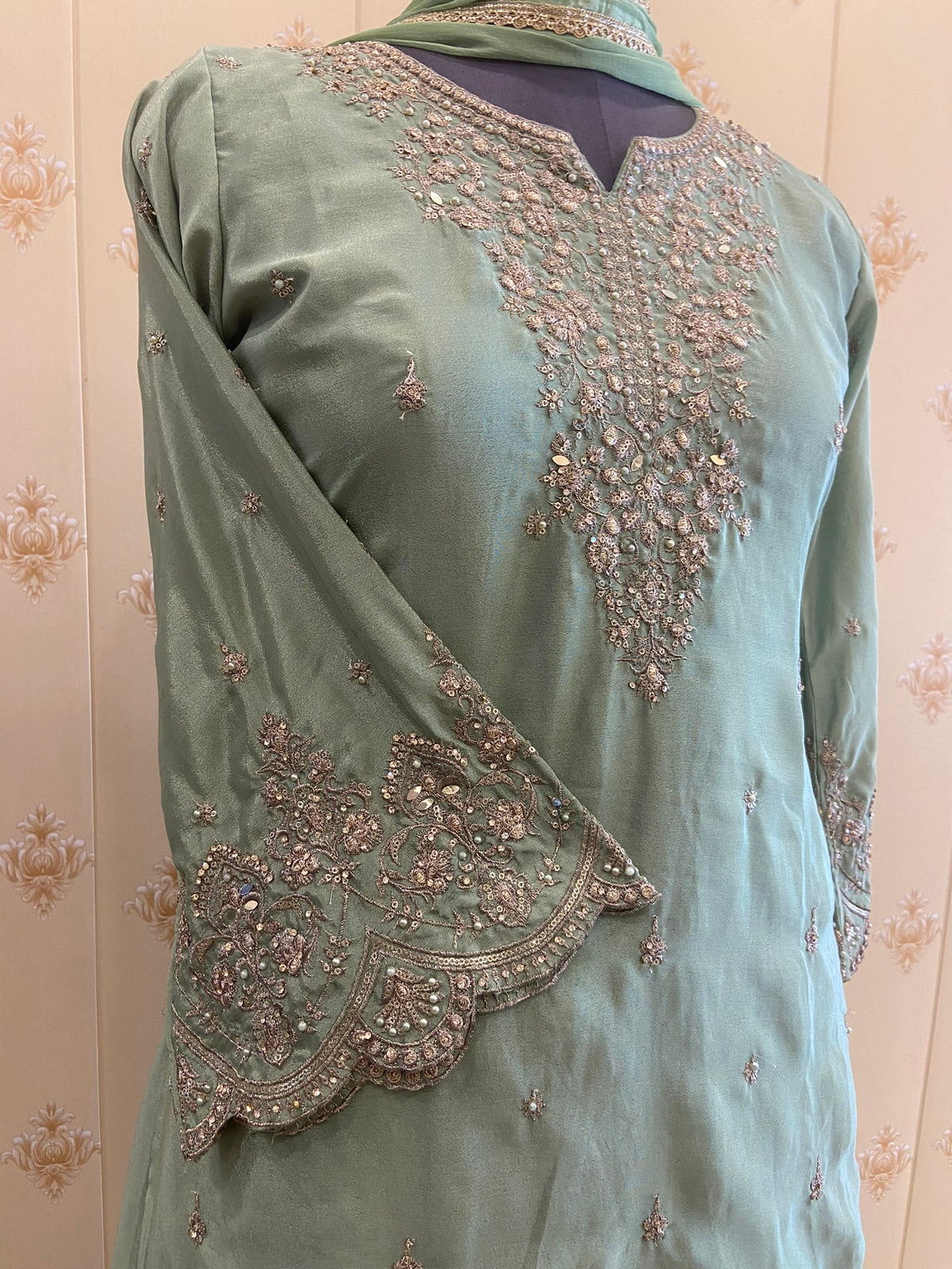 Sea Green Embroidered Short Kurti with Skirt & Dupatta – view 3