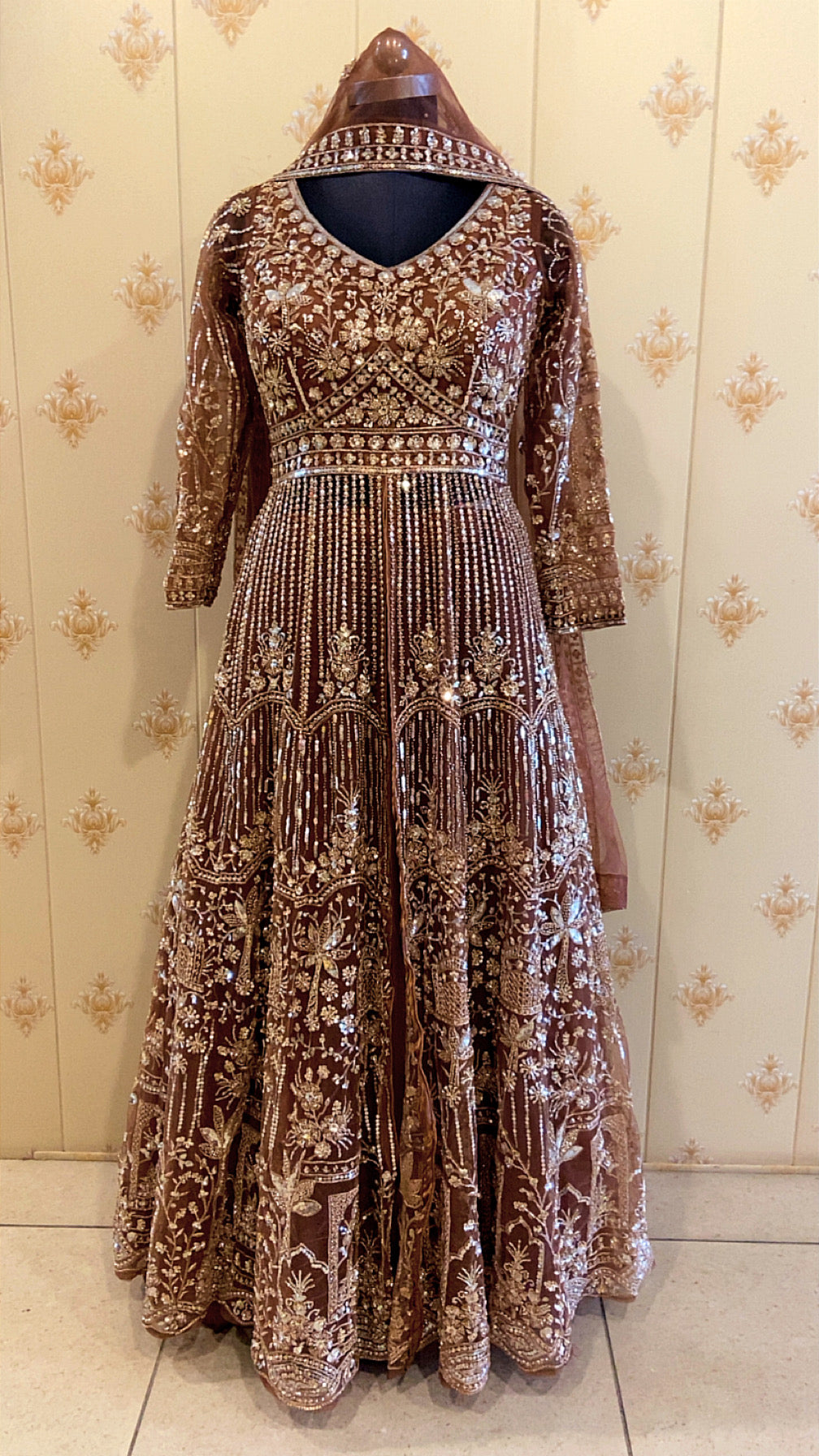 Brown Heavy Embroidered Net Anarkali with Dupatta – view 2