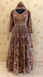 Brown Heavy Embroidered Net Anarkali with Dupatta – view 2