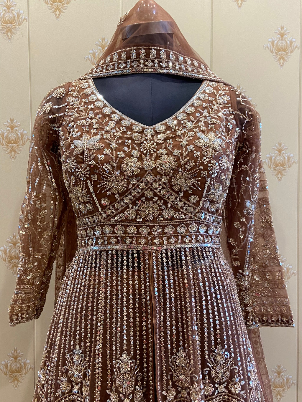 Brown Heavy Embroidered Net Anarkali with Dupatta – view 3