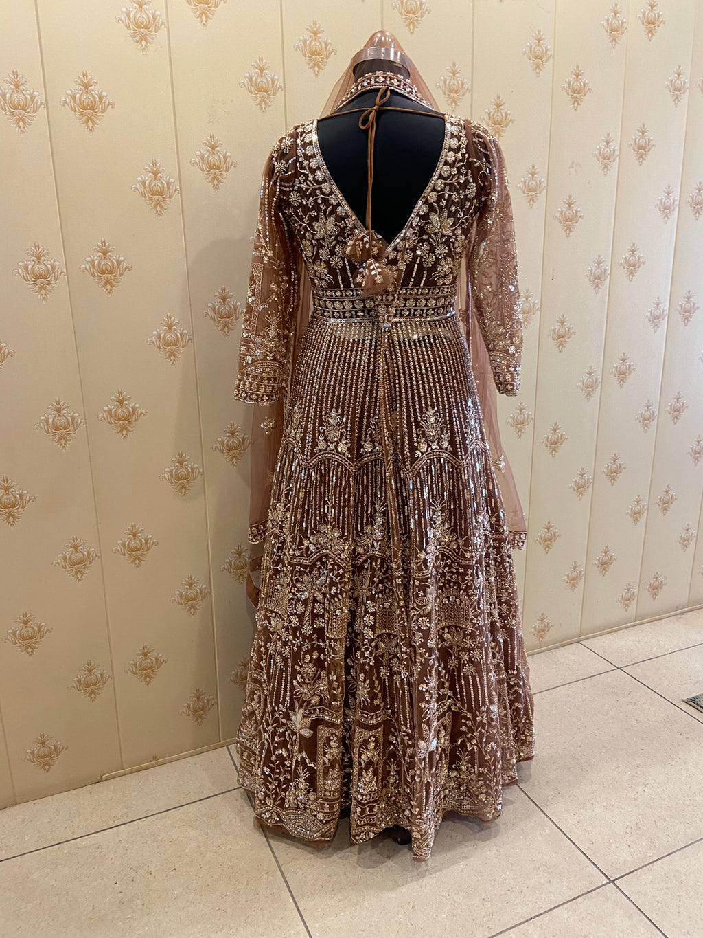 Brown Heavy Embroidered Net Anarkali with Dupatta – view 4