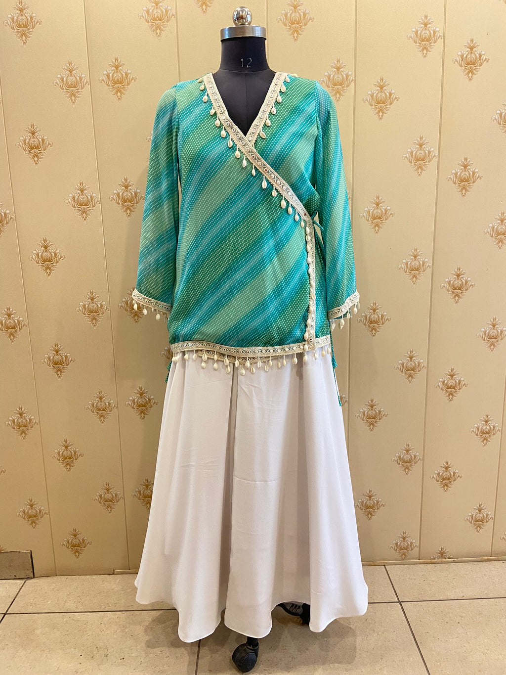 Green & White Printed Angrakha Dress – view 2