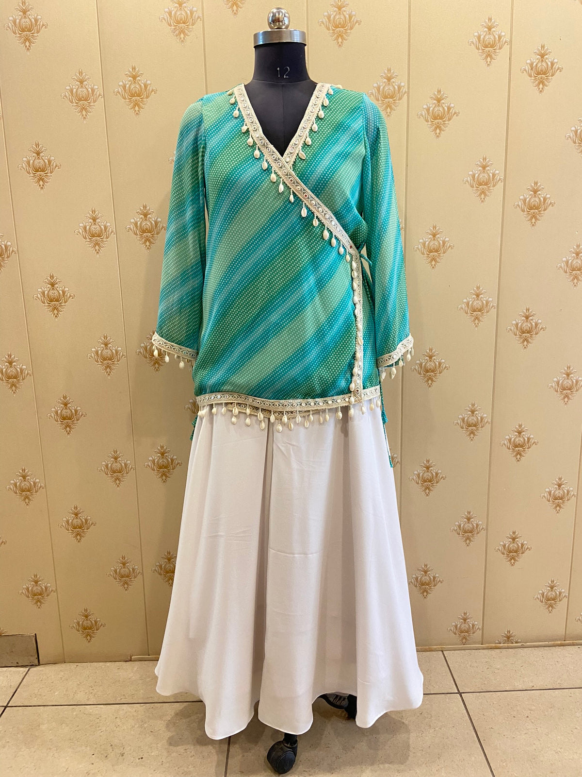 Green & White Printed Angrakha Dress – view 2