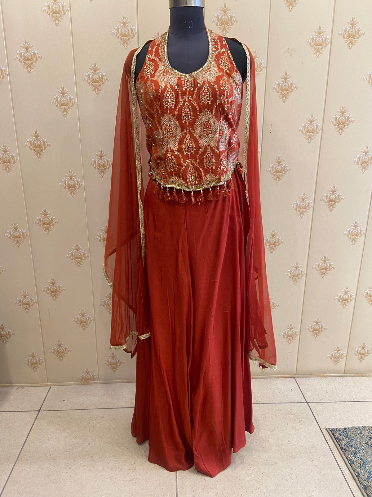 Rust Brocade Peplum Top with Flared Palazzo – view 2