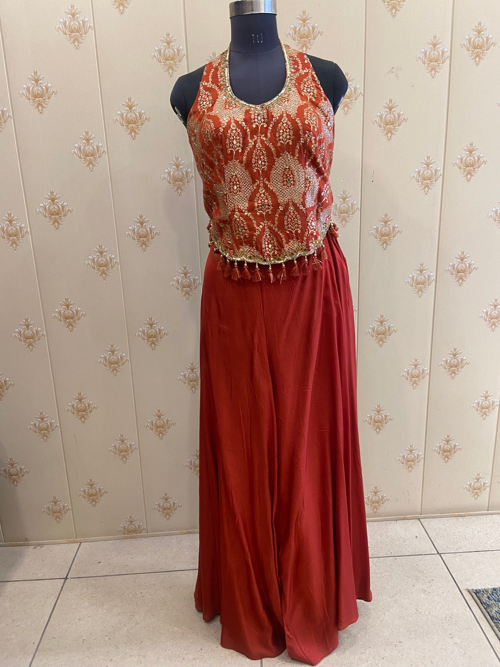 Rust Brocade Peplum Top with Flared Palazzo – view 3