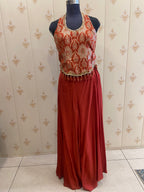 Rust Brocade Peplum Top with Flared Palazzo – view 3