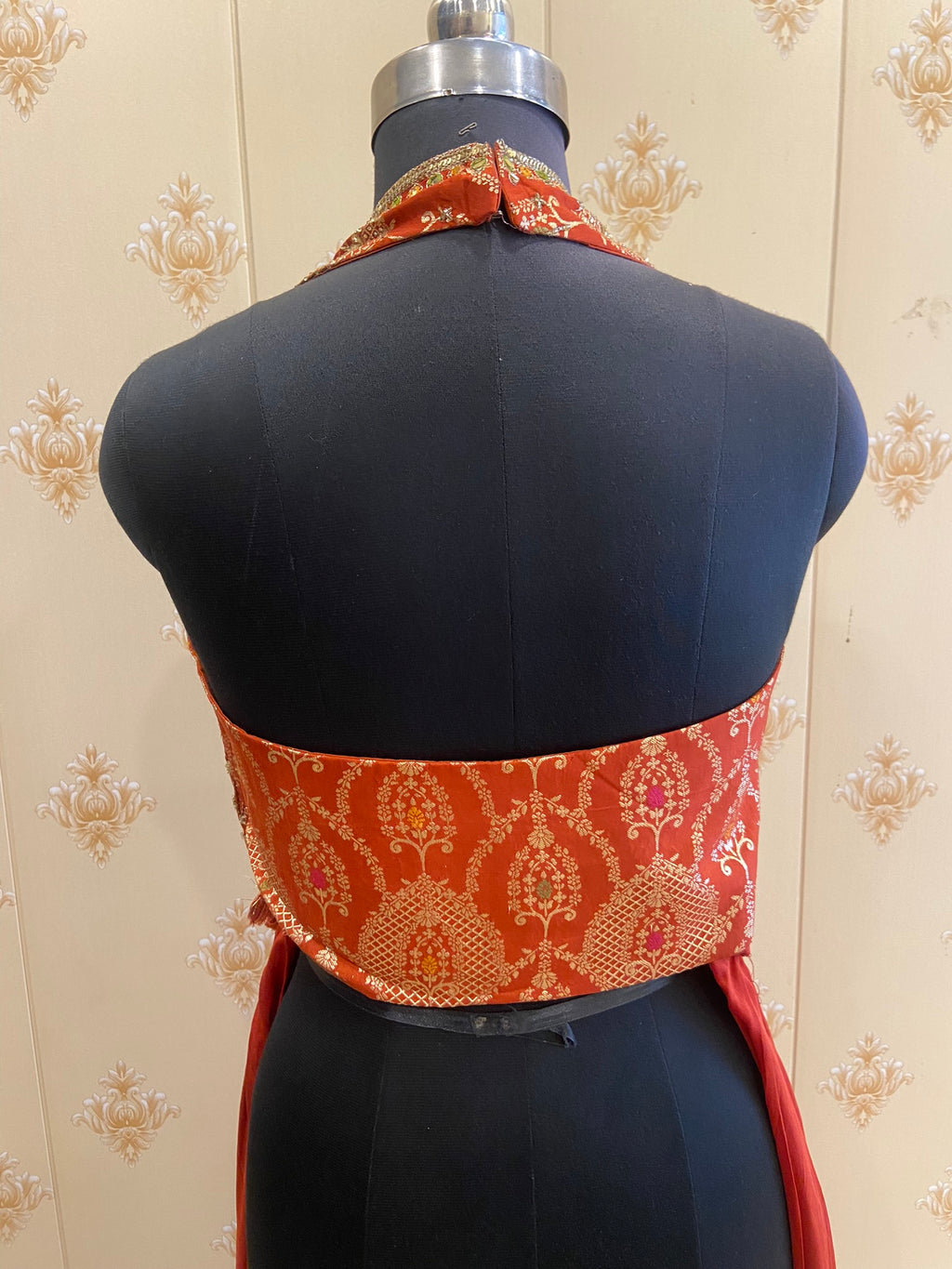 Rust Brocade Peplum Top with Flared Palazzo – view 4