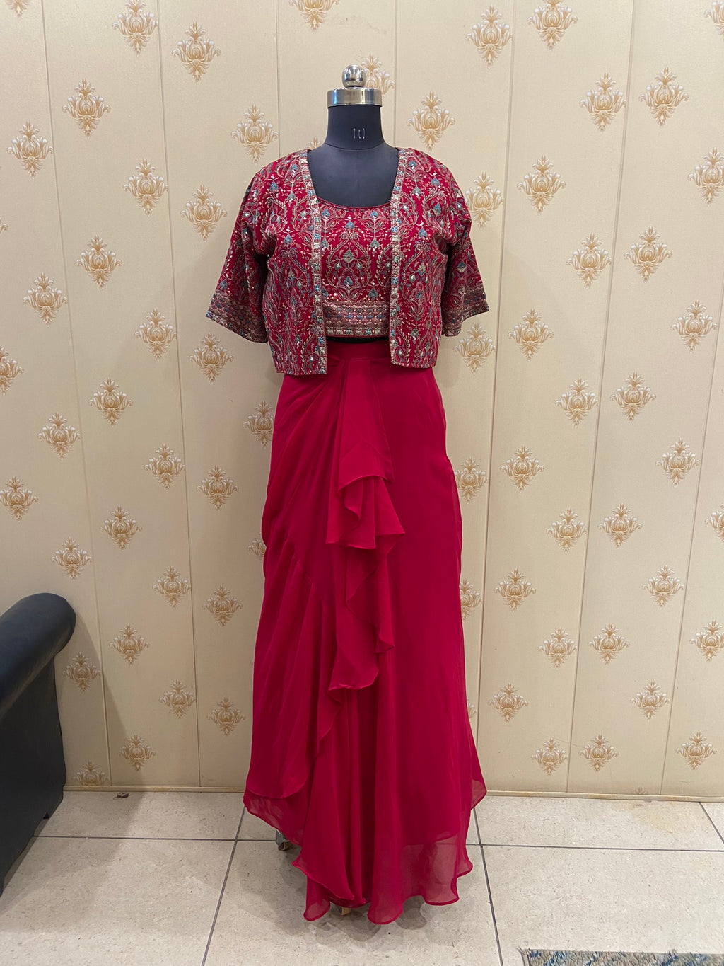 Magenta Pink Embroidered Bustier with Drape Skirt & Shrug – view 2