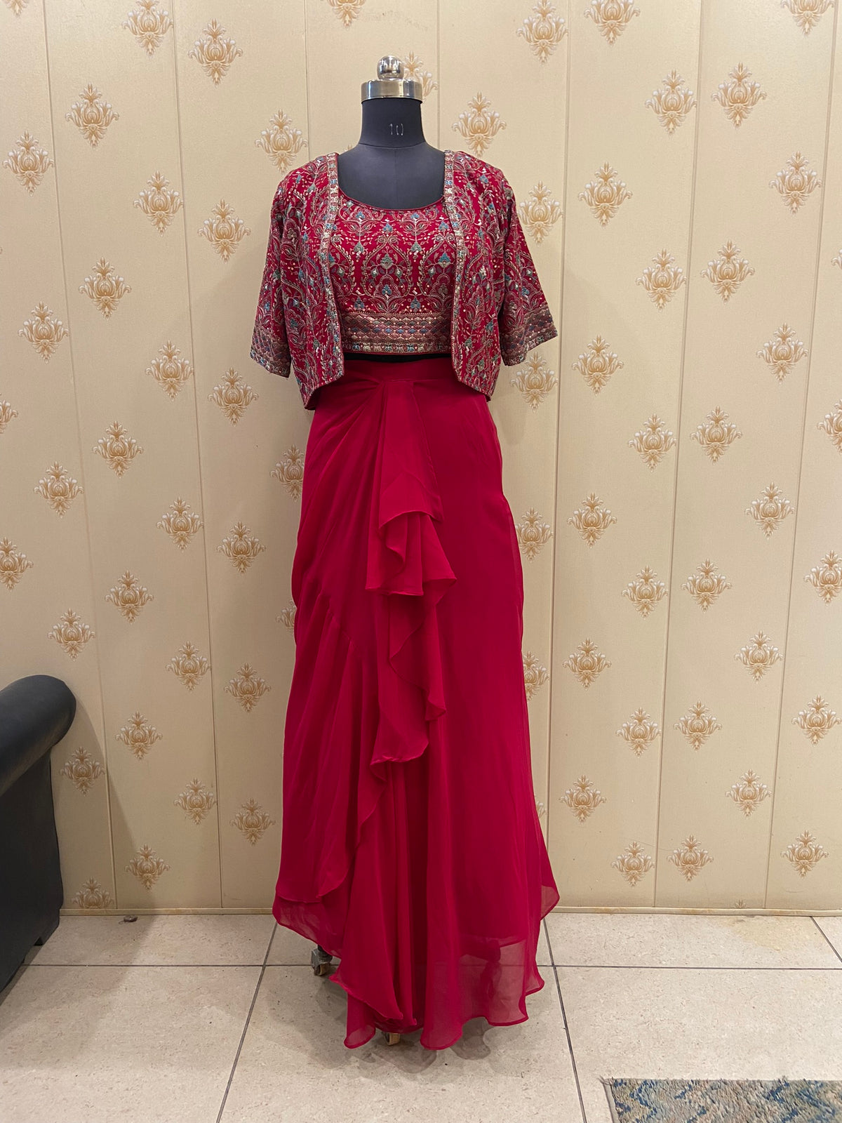 Magenta Pink Embroidered Bustier with Drape Skirt & Shrug – view 3