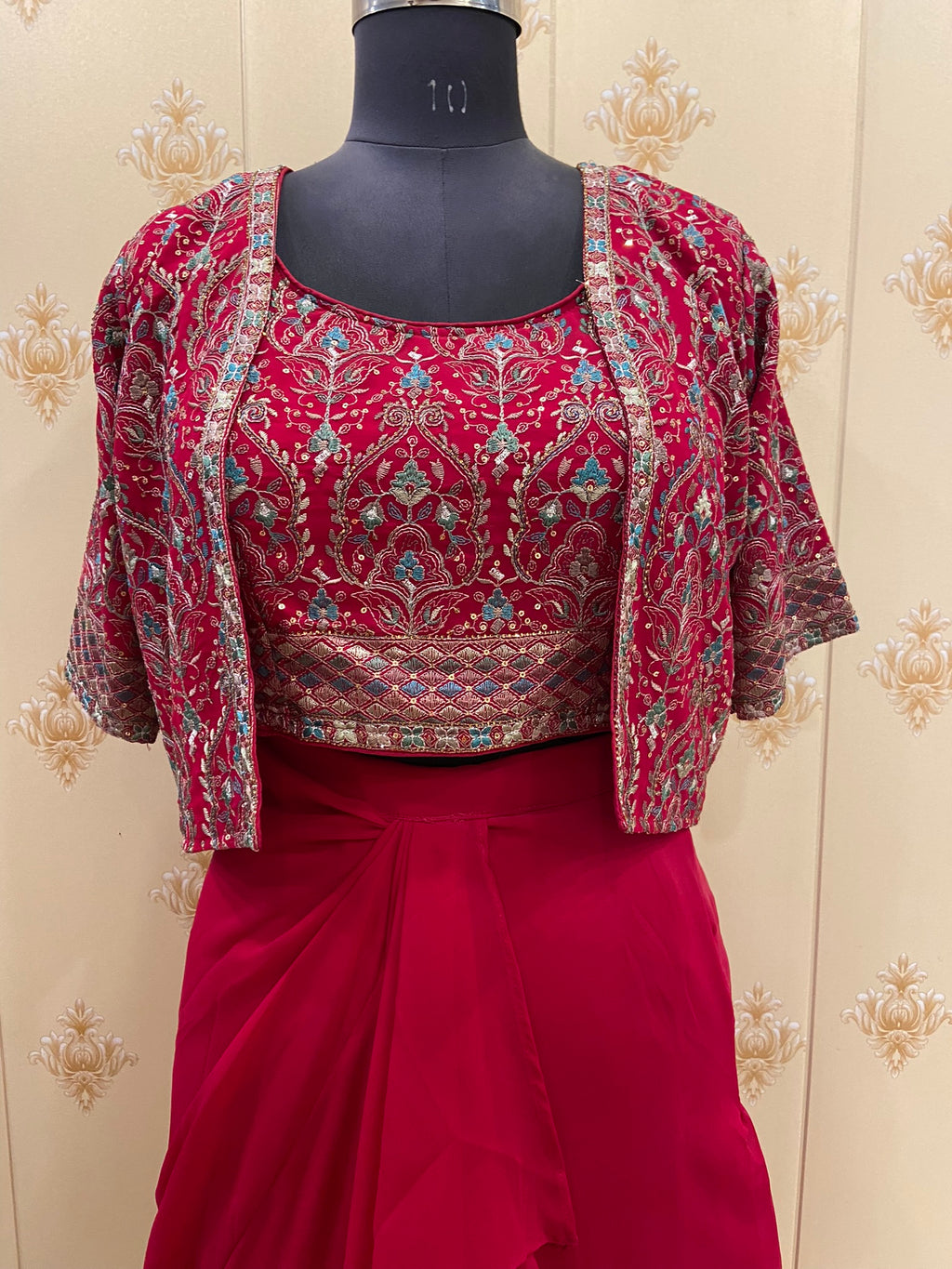 Magenta Pink Embroidered Bustier with Drape Skirt & Shrug – view 4