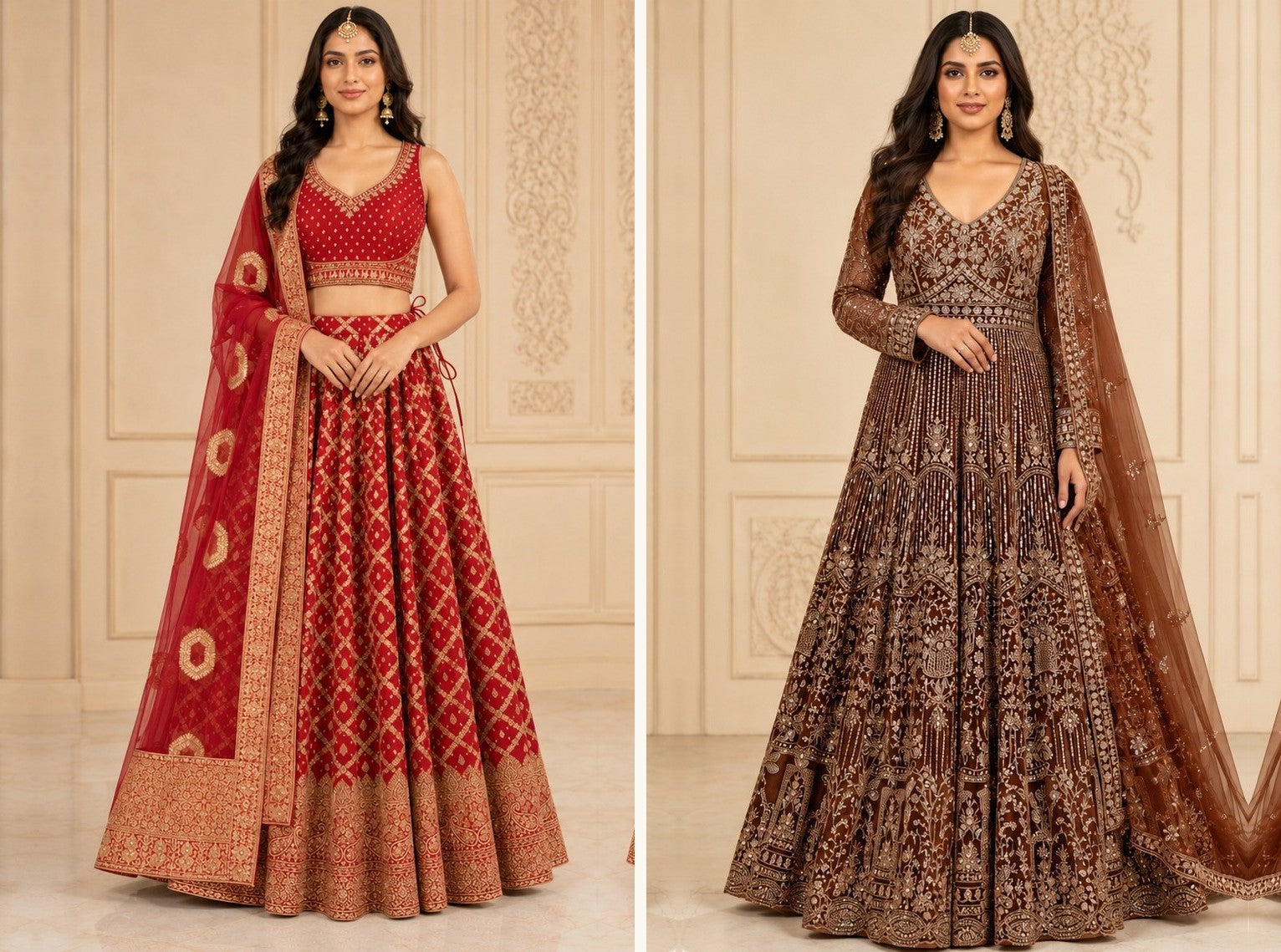 Models in Dharohar's maroon silk lehenga and brown embroidered net Anarkali